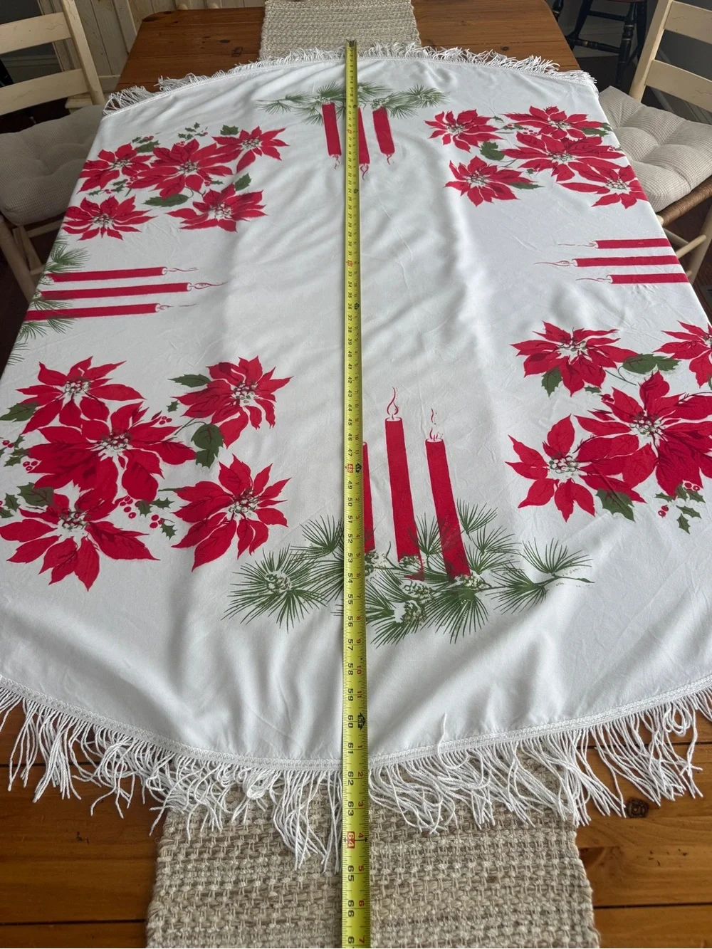 Round Christmas Tablecloth 62” Poinsettia Candle Fringe Mid Century Holiday